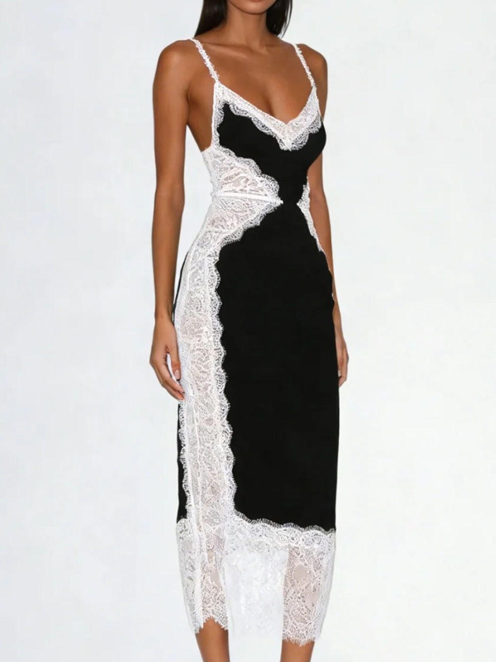 New Mew Mews Latham Spaghetti Midi Dress Black White Lace Sheer Medium